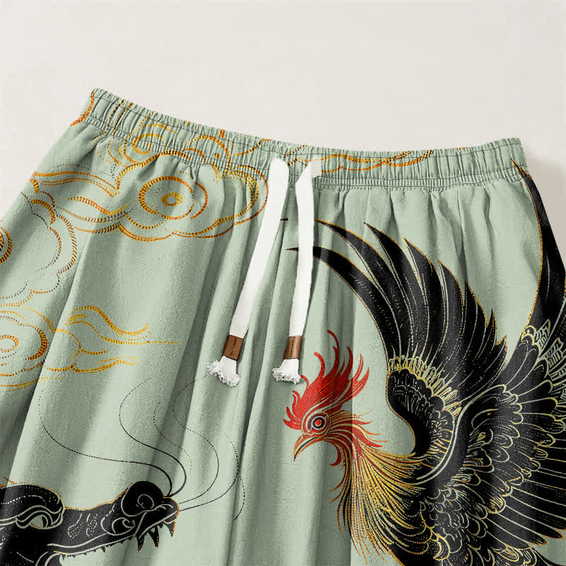 Buddha Stones Pantalones harem para hombre de algodón puro con estampado de dragón, fénix y nube, con cordón ajustable y bolsillos. - image 9