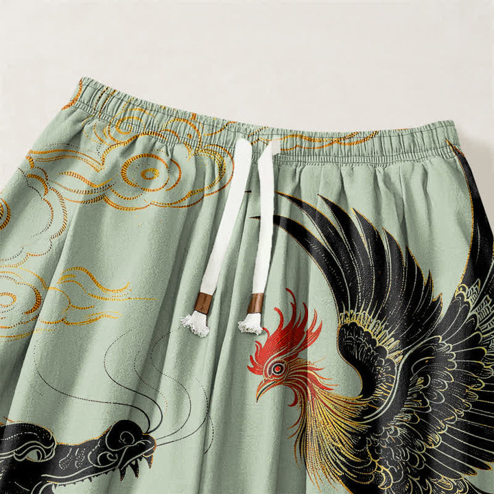 Buddha Stones Pantalones harem para hombre de algodón puro con estampado de dragón, fénix y nube, con cordón ajustable y bolsillos. - image 9