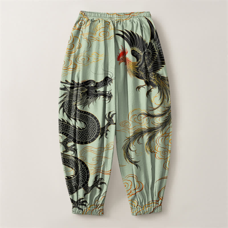 Buddha Stones Pantalones harem para hombre de algodón puro con estampado de dragón, fénix y nube, con cordón ajustable y bolsillos. - image 8