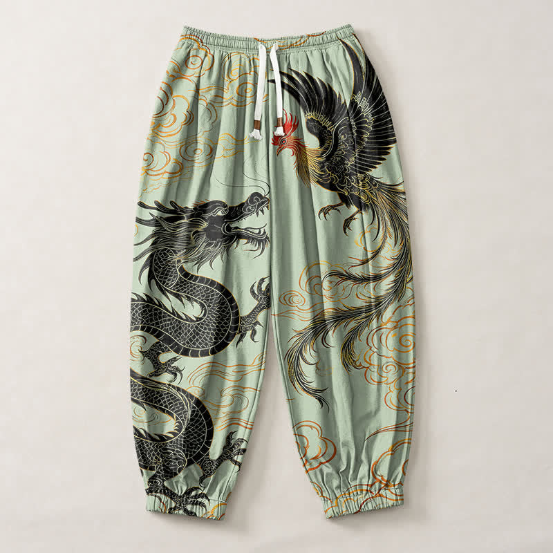 Buddha Stones Pantalones harem para hombre de algodón puro con estampado de dragón, fénix y nube, con cordón ajustable y bolsillos. - image 7
