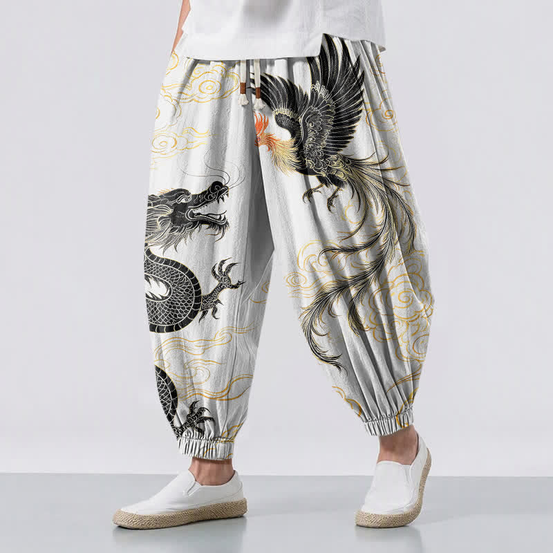 Buddha Stones Pantalones harem para hombre de algodón puro con estampado de dragón, fénix y nube, con cordón ajustable y bolsillos. - Humo blanco - US/UK/AU50, EU60 (5XL) - image 12
