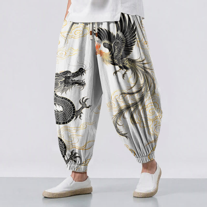 Buddha Stones Pantalones harem para hombre de algodón puro con estampado de dragón, fénix y nube, con cordón ajustable y bolsillos. - Humo blanco - US/UK/AU50, EU60 (5XL) - image 12