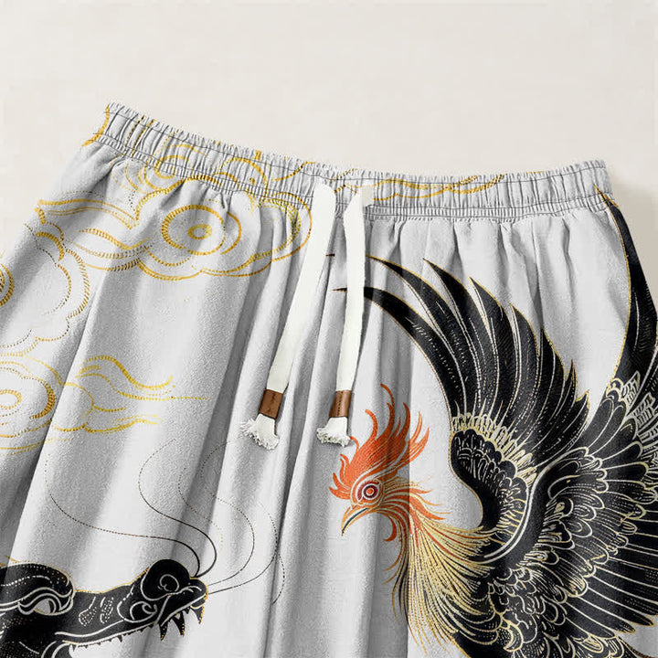 Buddha Stones Pantalones harem para hombre de algodón puro con estampado de dragón, fénix y nube, con cordón ajustable y bolsillos. - image 15