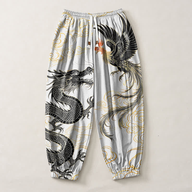 Buddha Stones Pantalones harem para hombre de algodón puro con estampado de dragón, fénix y nube, con cordón ajustable y bolsillos. - image 13