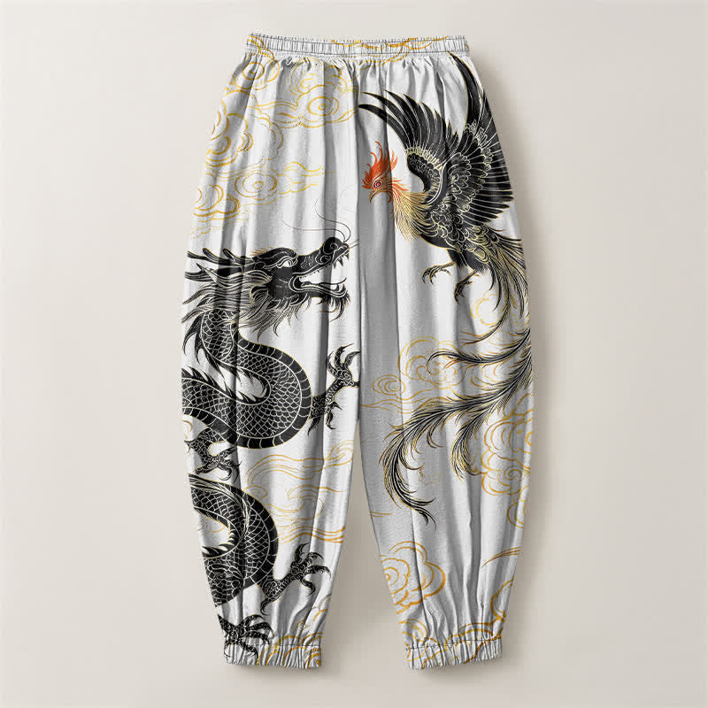 Buddha Stones Pantalones harem para hombre de algodón puro con estampado de dragón, fénix y nube, con cordón ajustable y bolsillos. - image 14