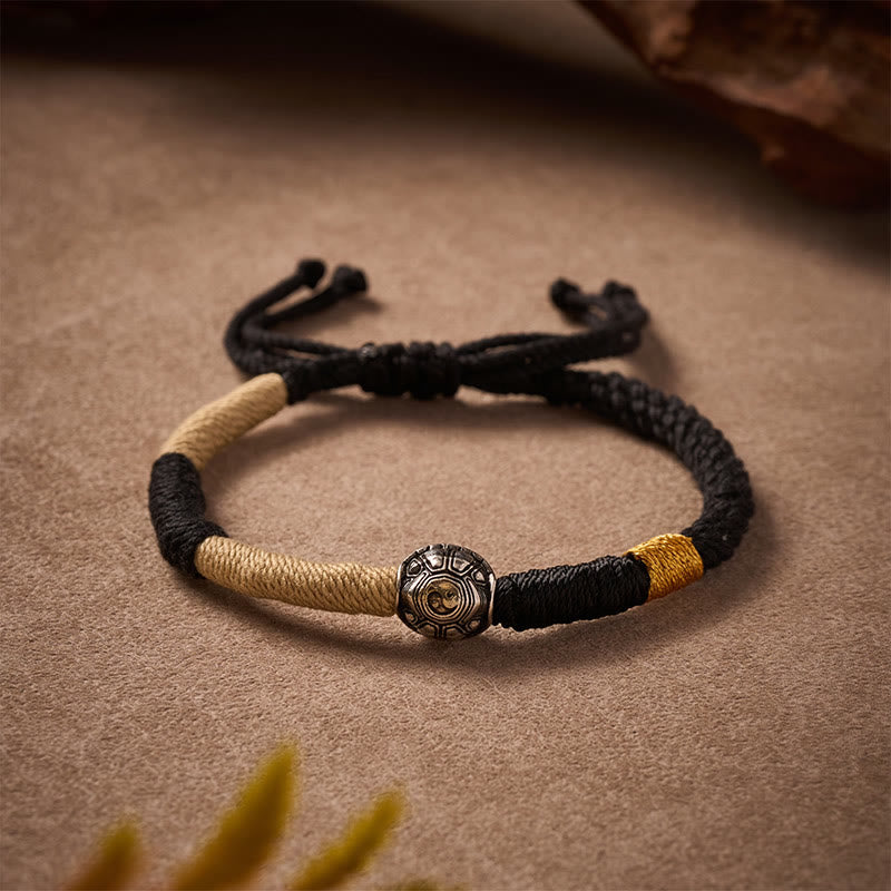 Buddha Stones Pulsera de sabiduría tejida a mano con hilo negro y diseño de tortuga Yin Yang de latón - Tortuga (Sabiduría ♥ Resistencia) - image 0