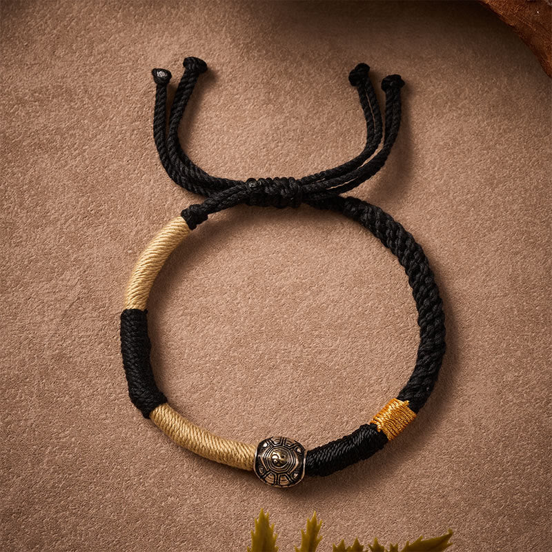 Buddha Stones Pulsera de sabiduría tejida a mano con hilo negro y diseño de tortuga Yin Yang de latón - image 1
