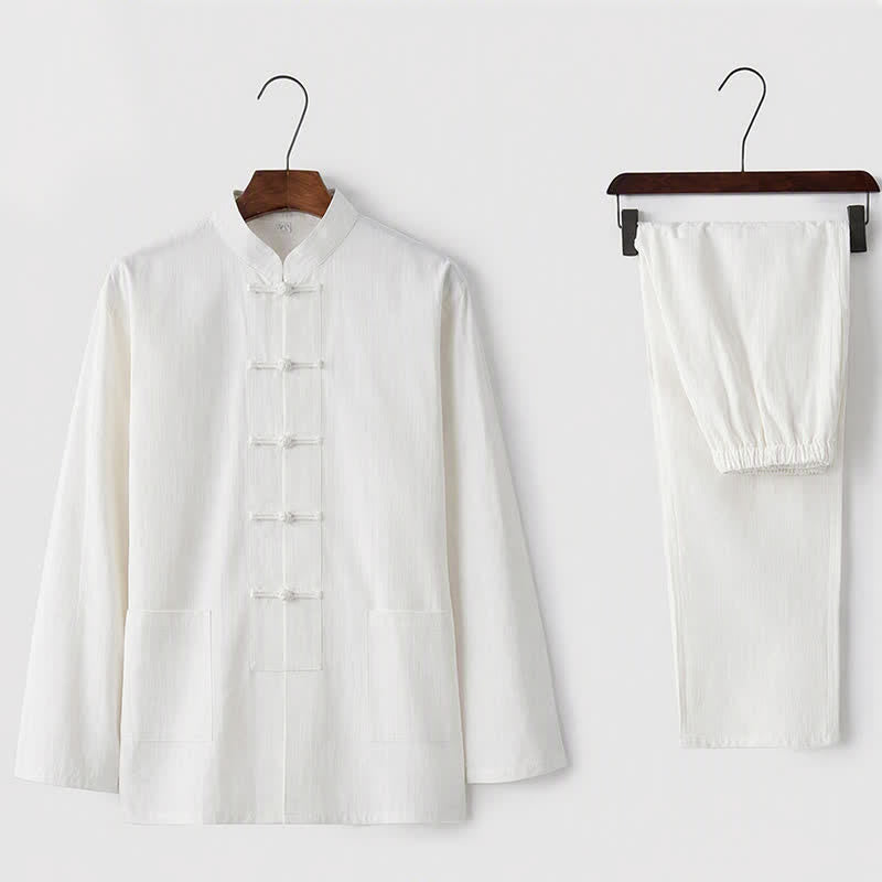 Conjunto de 2 Buddha Stones de traje tradicional Tang con botones de rana, camisa de manga larga y pantalón para hombre. - Blanco - US/UK/AU44, UE 54 (5XL) - image 1
