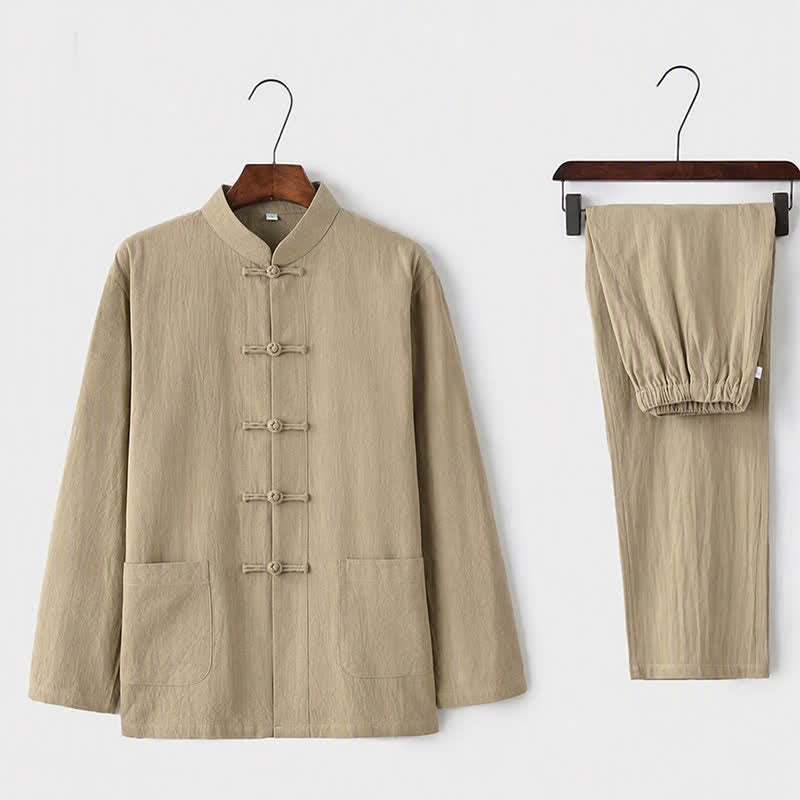 Conjunto de 2 Buddha Stones de traje tradicional Tang con botones de rana, camisa de manga larga y pantalón para hombre. - Beige - US/UK/AU44, UE 54 (5XL) - image 0