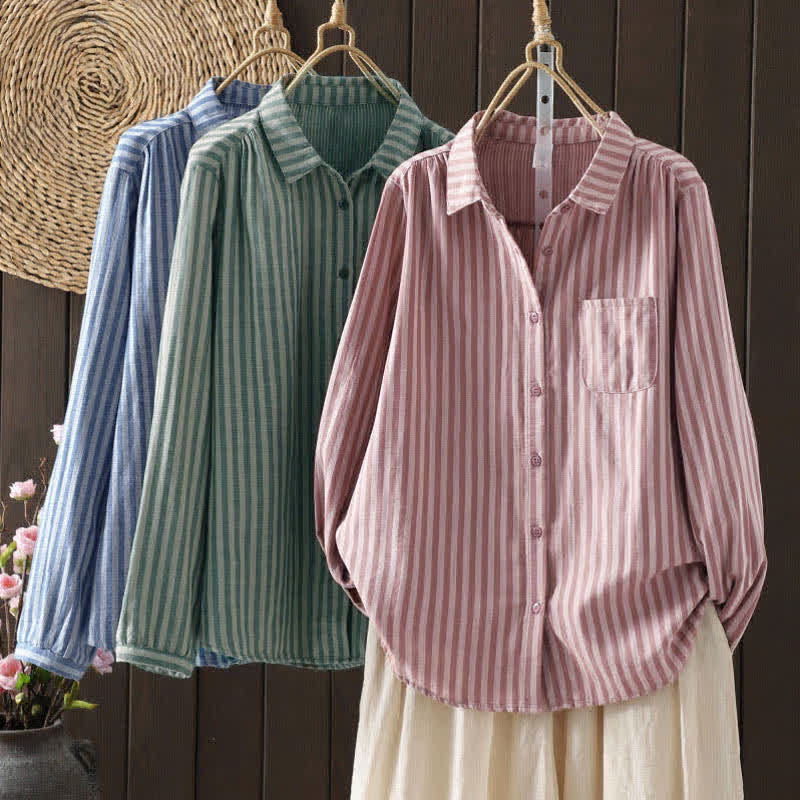 Buddha Stones Camisa de algodón con botones y bolsillo decorativo de manga larga con rayas verticales de primavera para mujer - image 7
