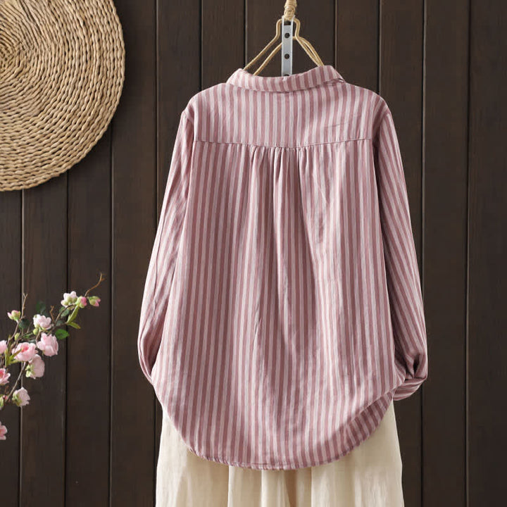 Buddha Stones Camisa de algodón con botones y bolsillo decorativo de manga larga con rayas verticales de primavera para mujer - image 1