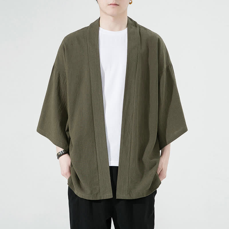 Buddha Stones Kimono de verano informal minimalista liso para hombre - Verde oliva - US/UK/AU46, EU56 (5XL) - image 2