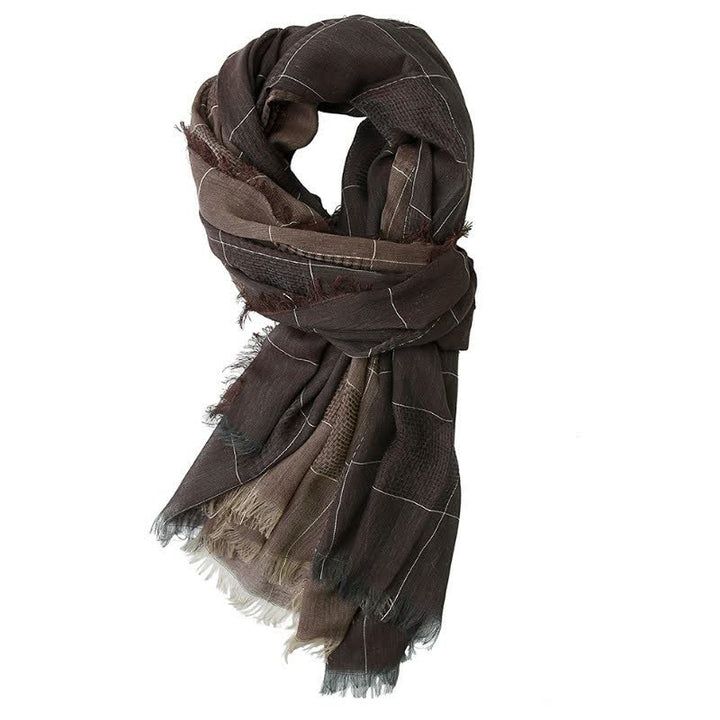 Bufanda de hombre con borlas y estampado de cuadrícula oscura, ideal para otoño e invierno, con diseño de Buddha Stones. - Marrón silla de montar - image 7