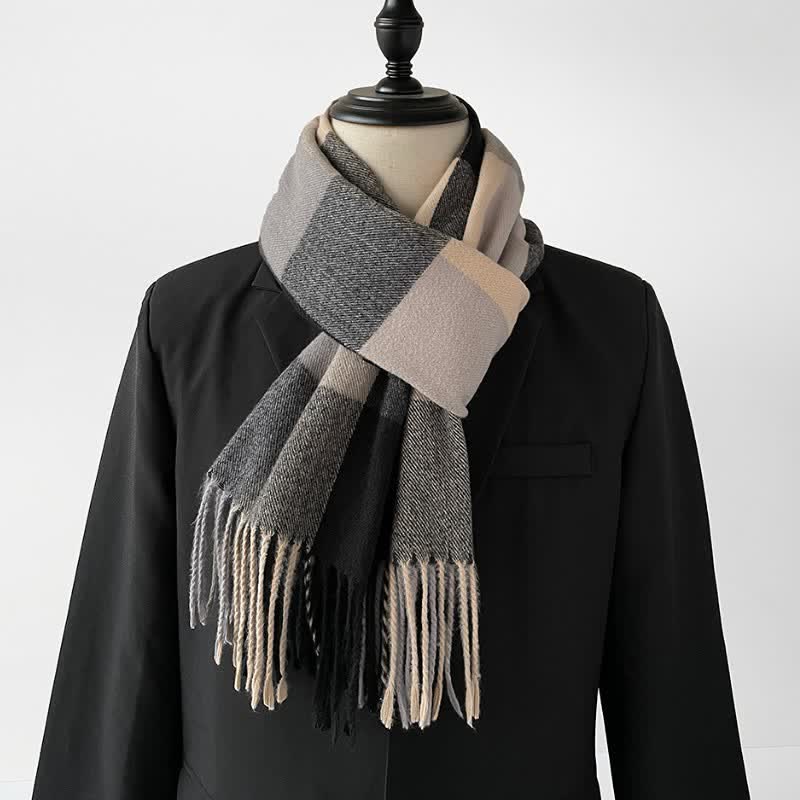 Bufanda rectangular larga a cuadros con flecos para hombre, con estampado de Buddha Stones, ideal para otoño e invierno. - Beige - image 12