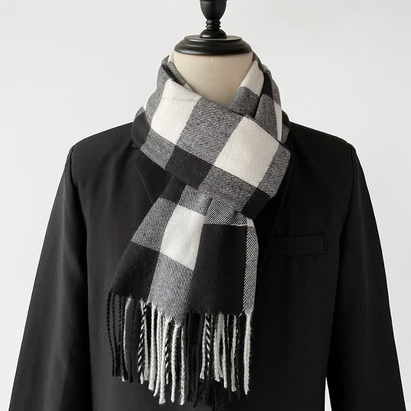 Bufanda rectangular larga a cuadros con flecos para hombre, con estampado de Buddha Stones, ideal para otoño e invierno. - Negro - image 0