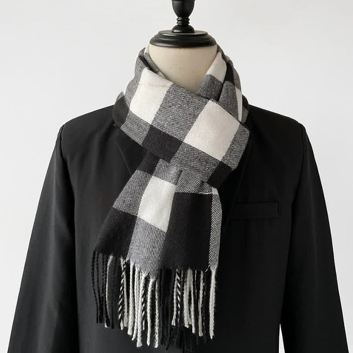 Bufanda rectangular larga a cuadros con flecos para hombre, con estampado de Buddha Stones, ideal para otoño e invierno. - Negro - image 0