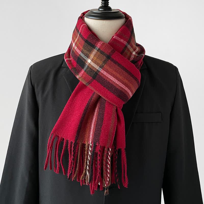 Bufanda rectangular larga a cuadros con flecos para hombre, con estampado de Buddha Stones, ideal para otoño e invierno. - Carmesí - image 10