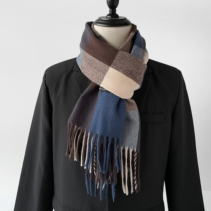 Bufanda rectangular larga a cuadros con flecos para hombre, con estampado de Buddha Stones, ideal para otoño e invierno. - Azul acero - image 5