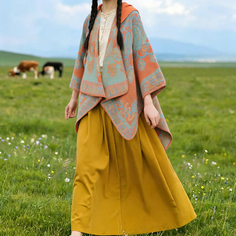 Buddha Stones Poncho estilo boho geométrico con capucha y estampado paisley para otoño/invierno. - image 2
