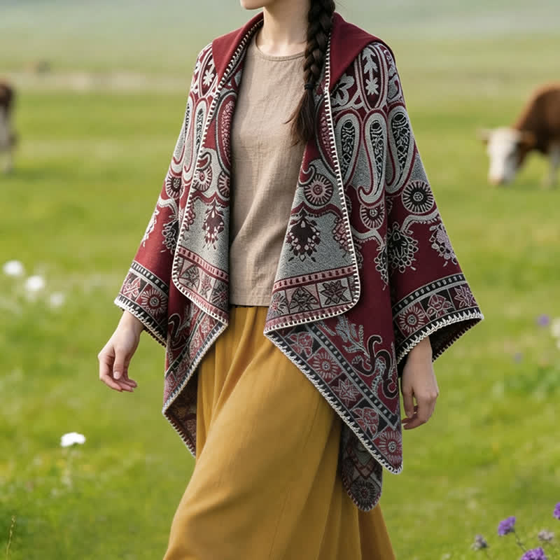 Buddha Stones Poncho estilo boho geométrico con capucha y estampado paisley para otoño/invierno. - image 19