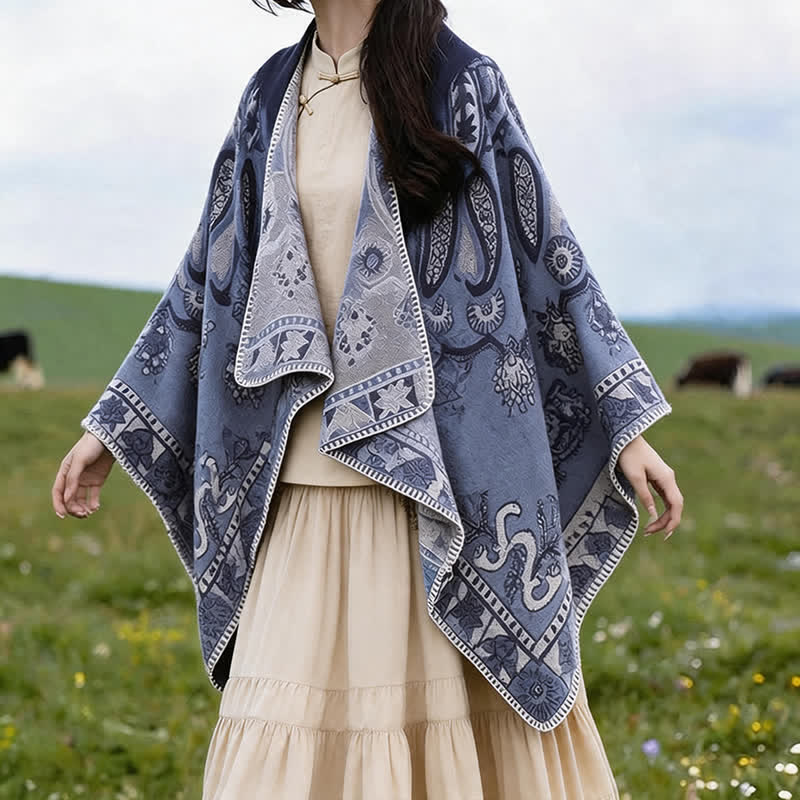 Buddha Stones Poncho estilo boho geométrico con capucha y estampado paisley para otoño/invierno. - image 6