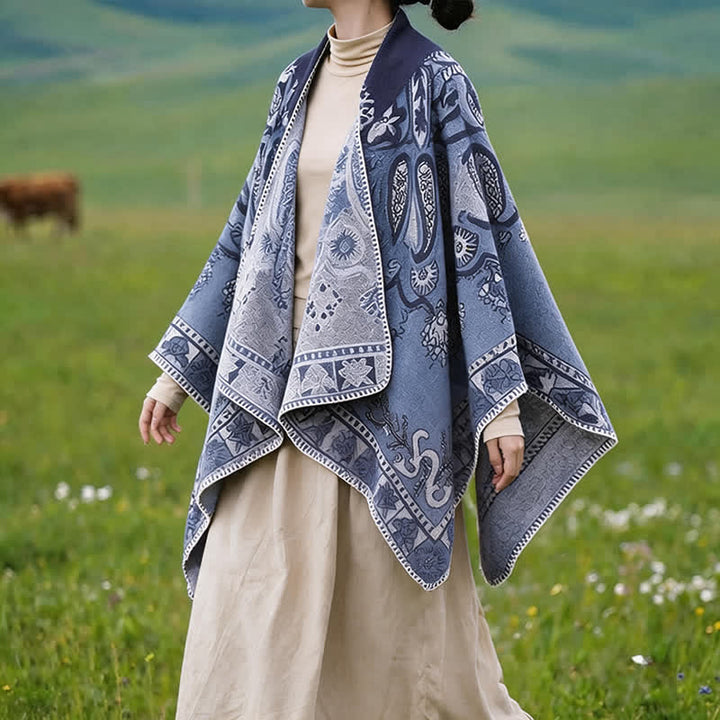Buddha Stones Poncho estilo boho geométrico con capucha y estampado paisley para otoño/invierno. - image 5