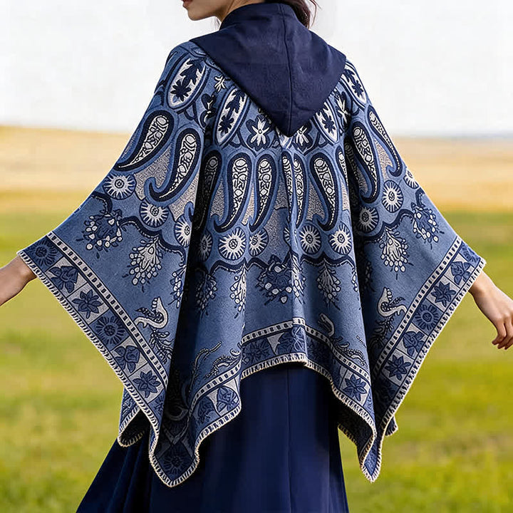 Buddha Stones Poncho estilo boho geométrico con capucha y estampado paisley para otoño/invierno. - image 7