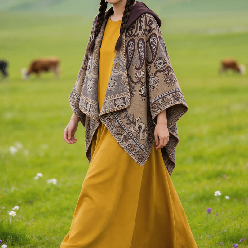 Buddha Stones Poncho estilo boho geométrico con capucha y estampado paisley para otoño/invierno. - image 30