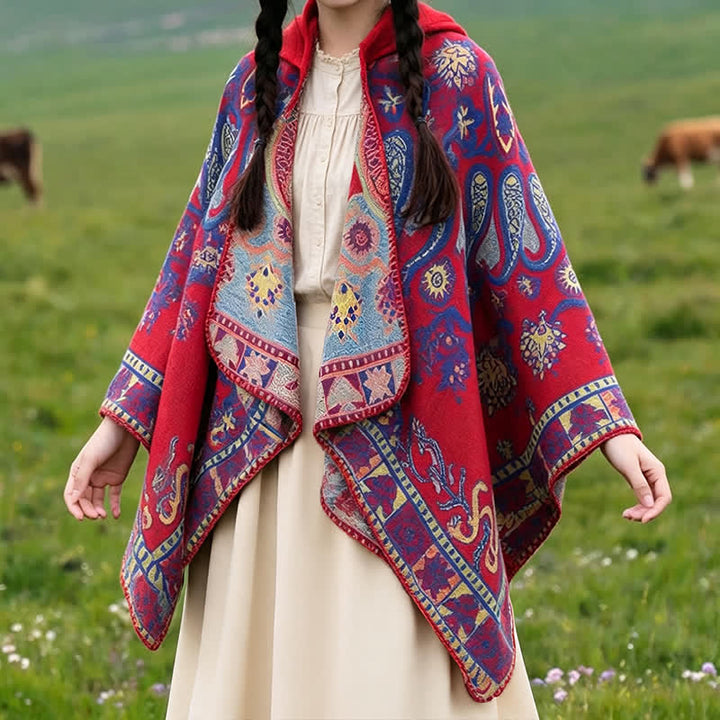 Buddha Stones Poncho estilo boho geométrico con capucha y estampado paisley para otoño/invierno. - image 13