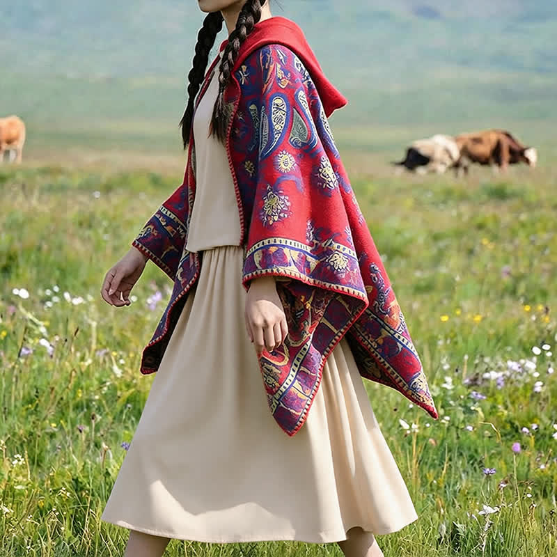 Buddha Stones Poncho estilo boho geométrico con capucha y estampado paisley para otoño/invierno. - image 14