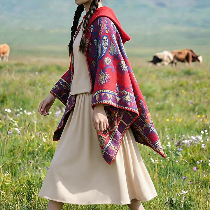 Buddha Stones Poncho estilo boho geométrico con capucha y estampado paisley para otoño/invierno. - image 14