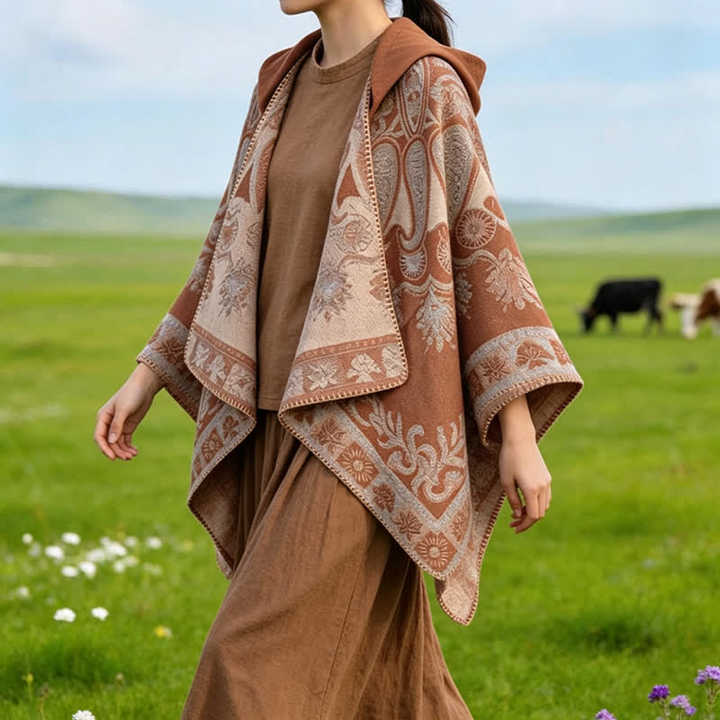 Buddha Stones Poncho estilo boho geométrico con capucha y estampado paisley para otoño/invierno. - image 23