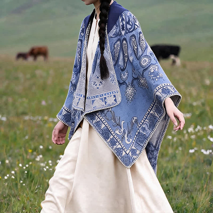 Buddha Stones Poncho estilo boho geométrico con capucha y estampado paisley para otoño/invierno. - image 8