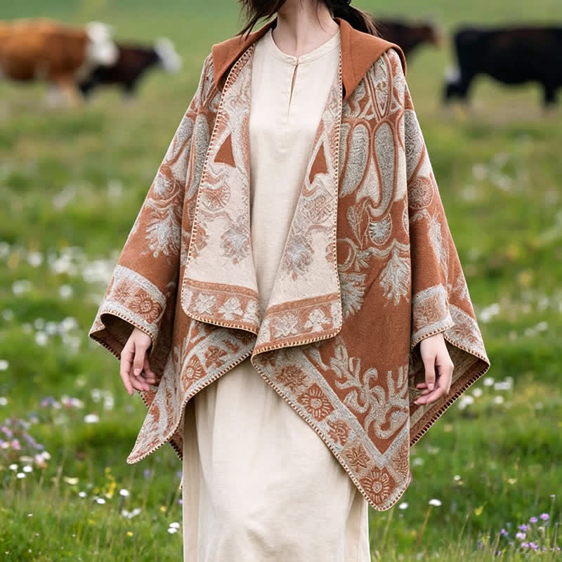 Buddha Stones Poncho estilo boho geométrico con capucha y estampado paisley para otoño/invierno. - Sandy Brown - 130*150 cm - image 22