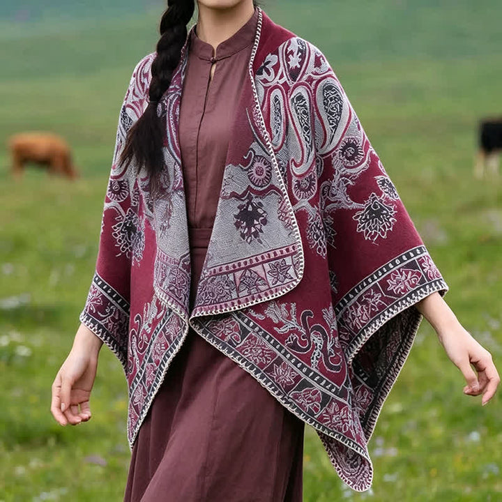 Buddha Stones Poncho estilo boho geométrico con capucha y estampado paisley para otoño/invierno. - borgoña - 130*150 cm - image 17
