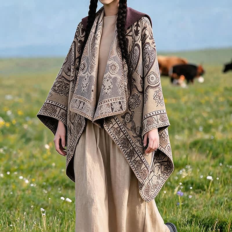 Buddha Stones Poncho estilo boho geométrico con capucha y estampado paisley para otoño/invierno. - image 29