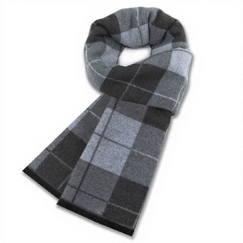 Bufanda cómoda para hombre con flecos y estampado a cuadros grises, estilo clásico de otoño/invierno, de Buddha Stones. - Cuadros azul grisáceos - image 4