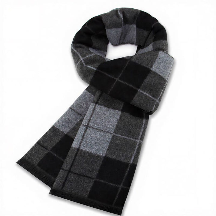 Bufanda cómoda para hombre con flecos y estampado a cuadros grises, estilo clásico de otoño/invierno, de Buddha Stones. - Cuadros azul grisáceo y negro - image 2