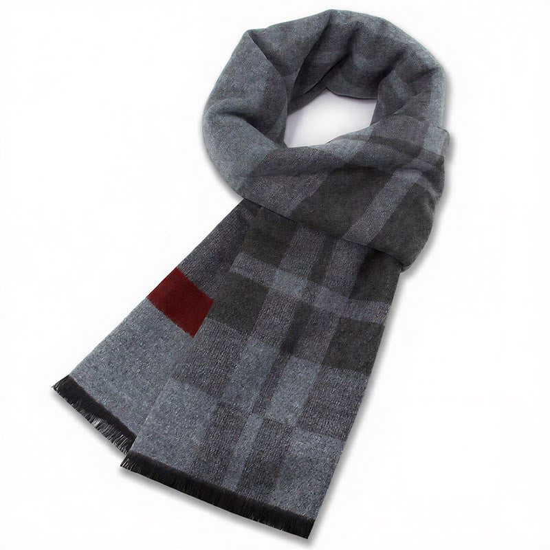 Bufanda cómoda para hombre con flecos y estampado a cuadros grises, estilo clásico de otoño/invierno, de Buddha Stones. - Cuadros grises y rojos - image 10