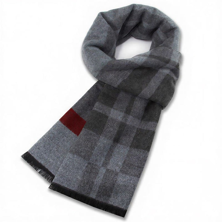 Bufanda cómoda para hombre con flecos y estampado a cuadros grises, estilo clásico de otoño/invierno, de Buddha Stones. - Cuadros grises y rojos - image 10