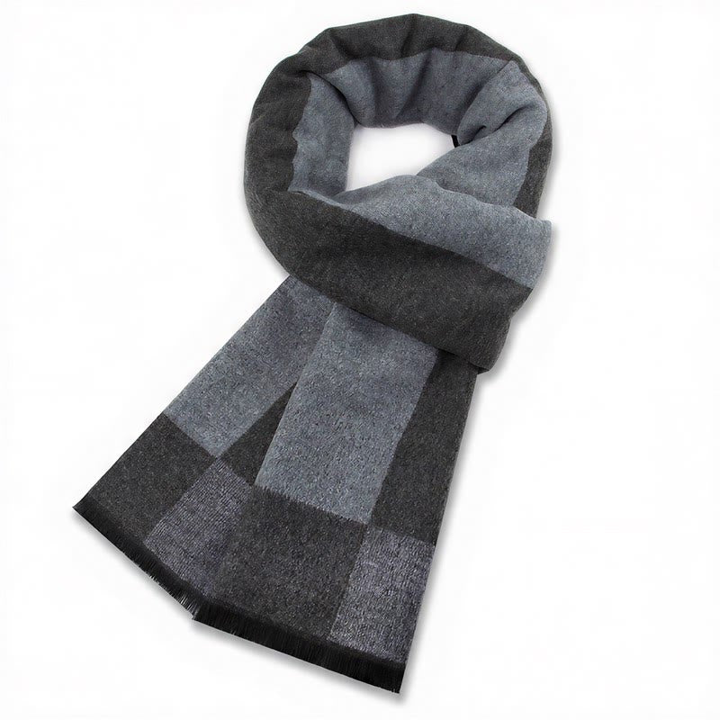 Bufanda cómoda para hombre con flecos y estampado a cuadros grises, estilo clásico de otoño/invierno, de Buddha Stones. - Cuadrados azul grisáceos - image 15