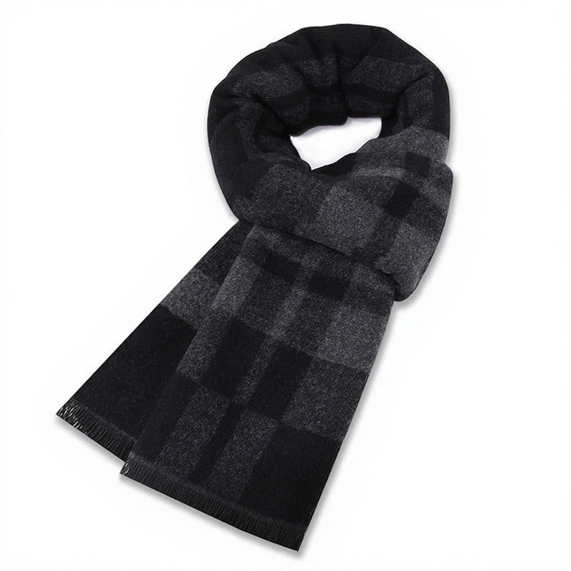 Bufanda cómoda para hombre con flecos y estampado a cuadros grises, estilo clásico de otoño/invierno, de Buddha Stones. - Cuadros grises y negros - image 6