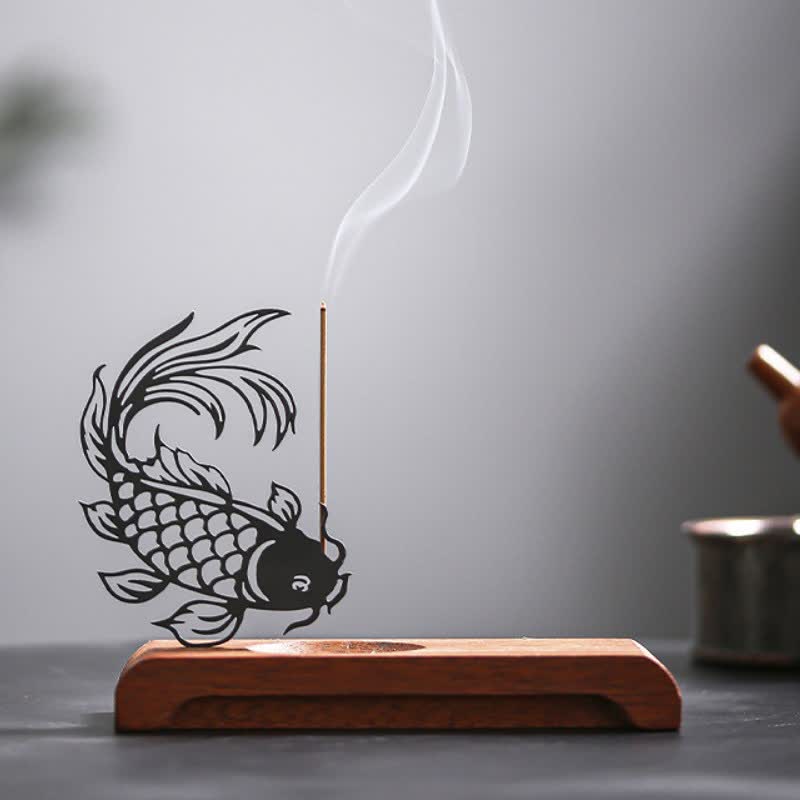 Buddha Stones Quemador de incienso Zen con base de madera y diseño de pez koi para el éxito - Pez koi con cabeza hacia abajo y base larga - image 2