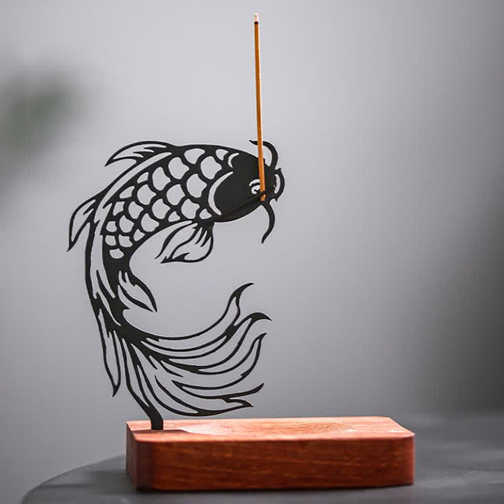 Buddha Stones Quemador de incienso Zen con base de madera y diseño de pez koi para el éxito - image 8