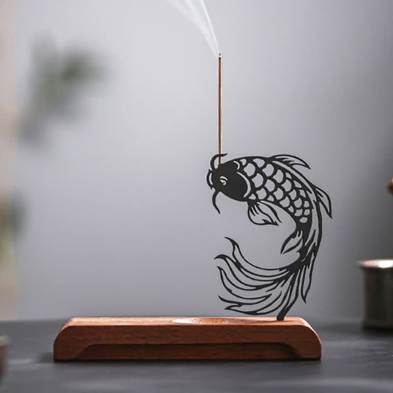 Buddha Stones Quemador de incienso Zen con base de madera y diseño de pez koi para el éxito - Cabeza arriba Pez Koi Base larga - image 11