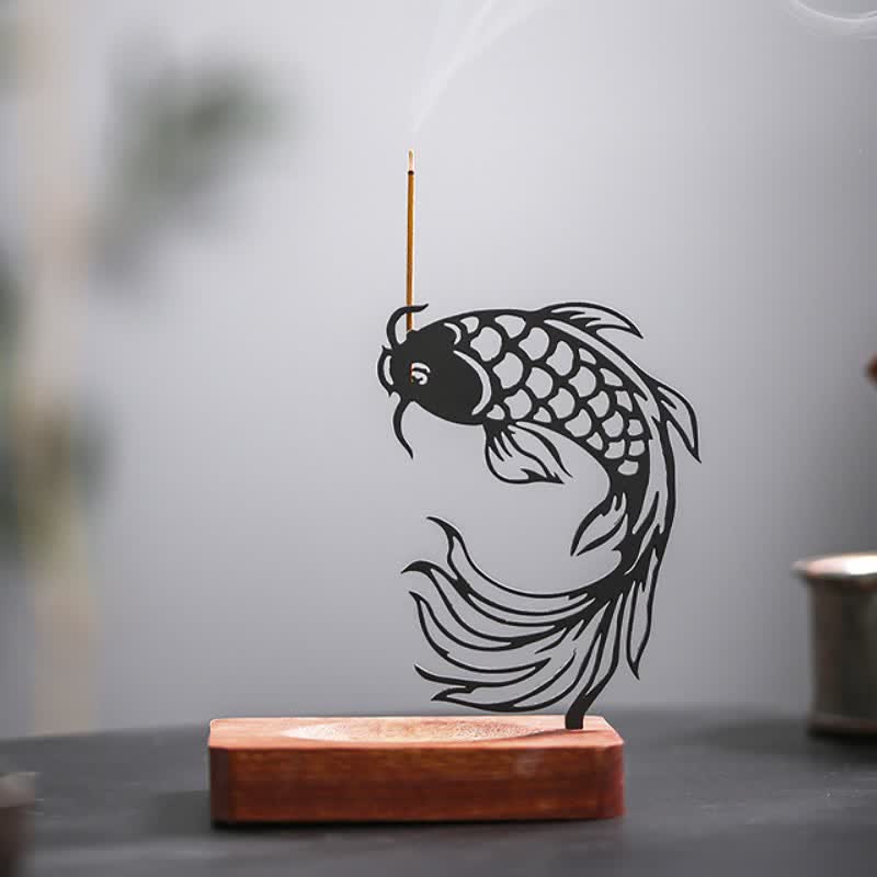 Buddha Stones Quemador de incienso Zen con base de madera y diseño de pez koi para el éxito - Pez koi con cabeza hacia arriba, base corta - image 5