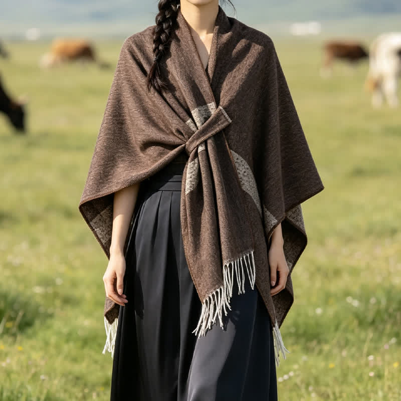 Buddha Stones Chal acogedor de otoño/invierno con diseño de borlas, rayas y hebilla estilo boho. - image 1