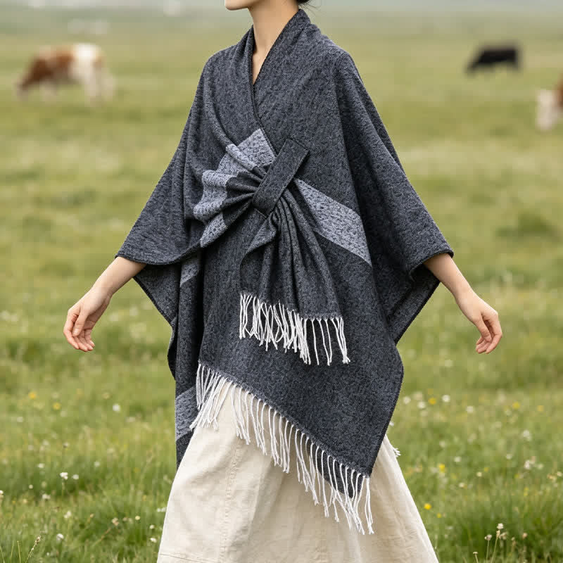 Buddha Stones Chal acogedor de otoño/invierno con diseño de borlas, rayas y hebilla estilo boho. - image 13