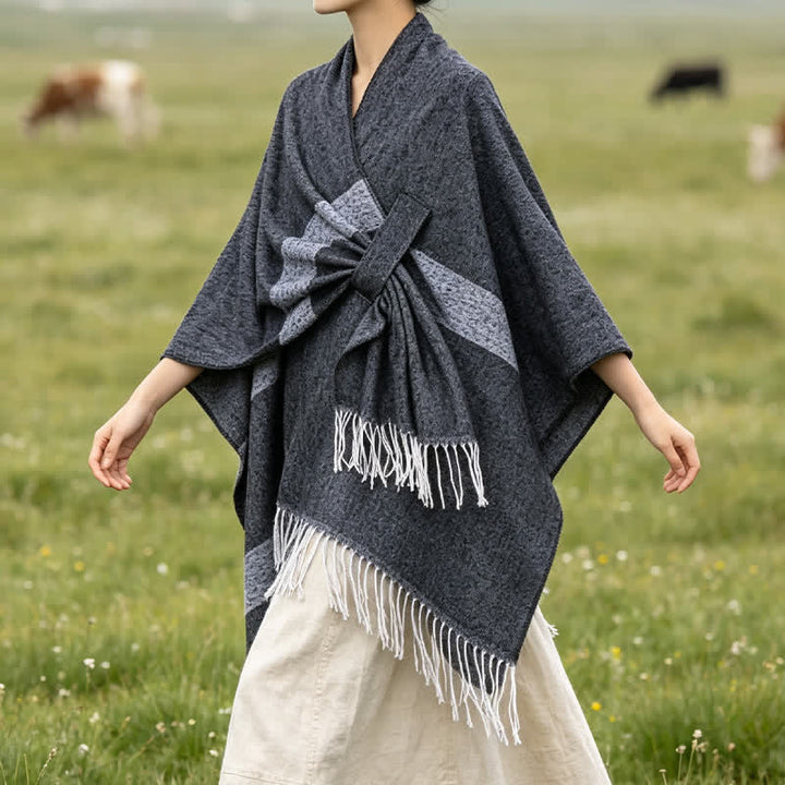 Buddha Stones Chal acogedor de otoño/invierno con diseño de borlas, rayas y hebilla estilo boho. - image 13