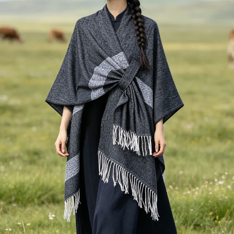 Buddha Stones Chal acogedor de otoño/invierno con diseño de borlas, rayas y hebilla estilo boho. - image 14